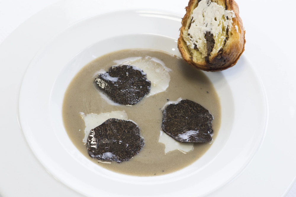 Artichoke soup with black truffle; layered truffled mushroom brioche and more...