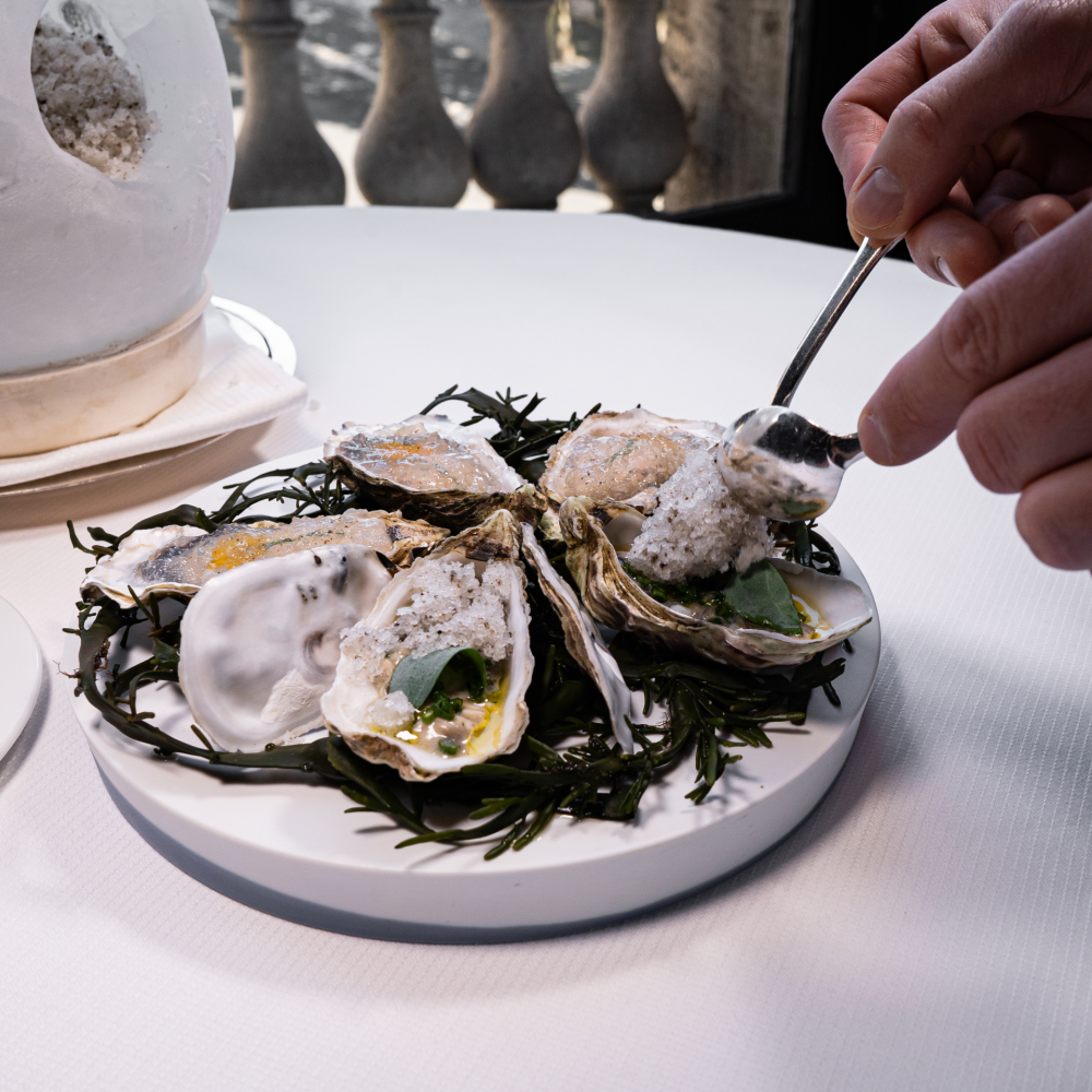 Iced poached oysters, concassé of oysters, granité of seaweed and lemon