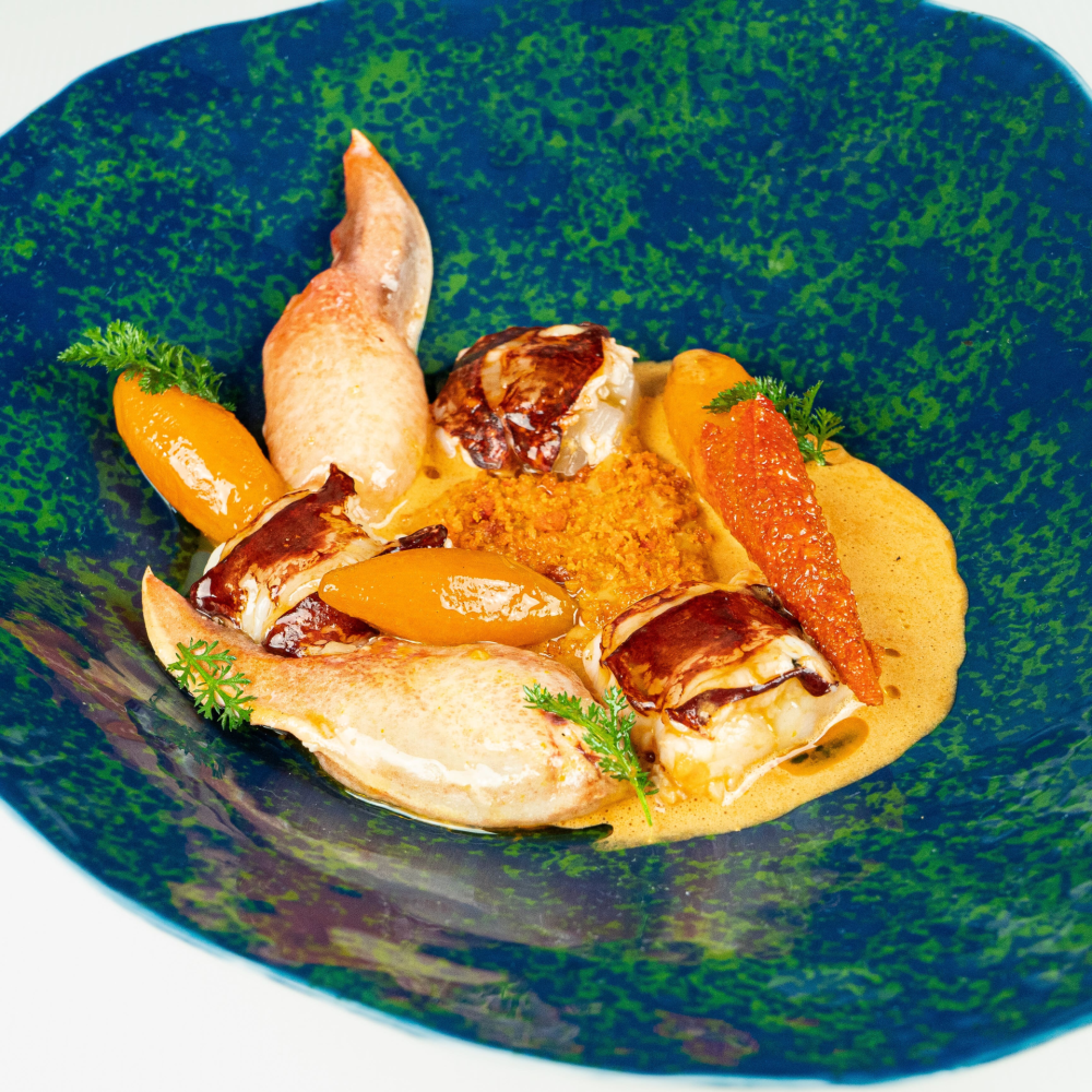 'Raw/cooked' lobster with coral, with a carrot-lobster crisp