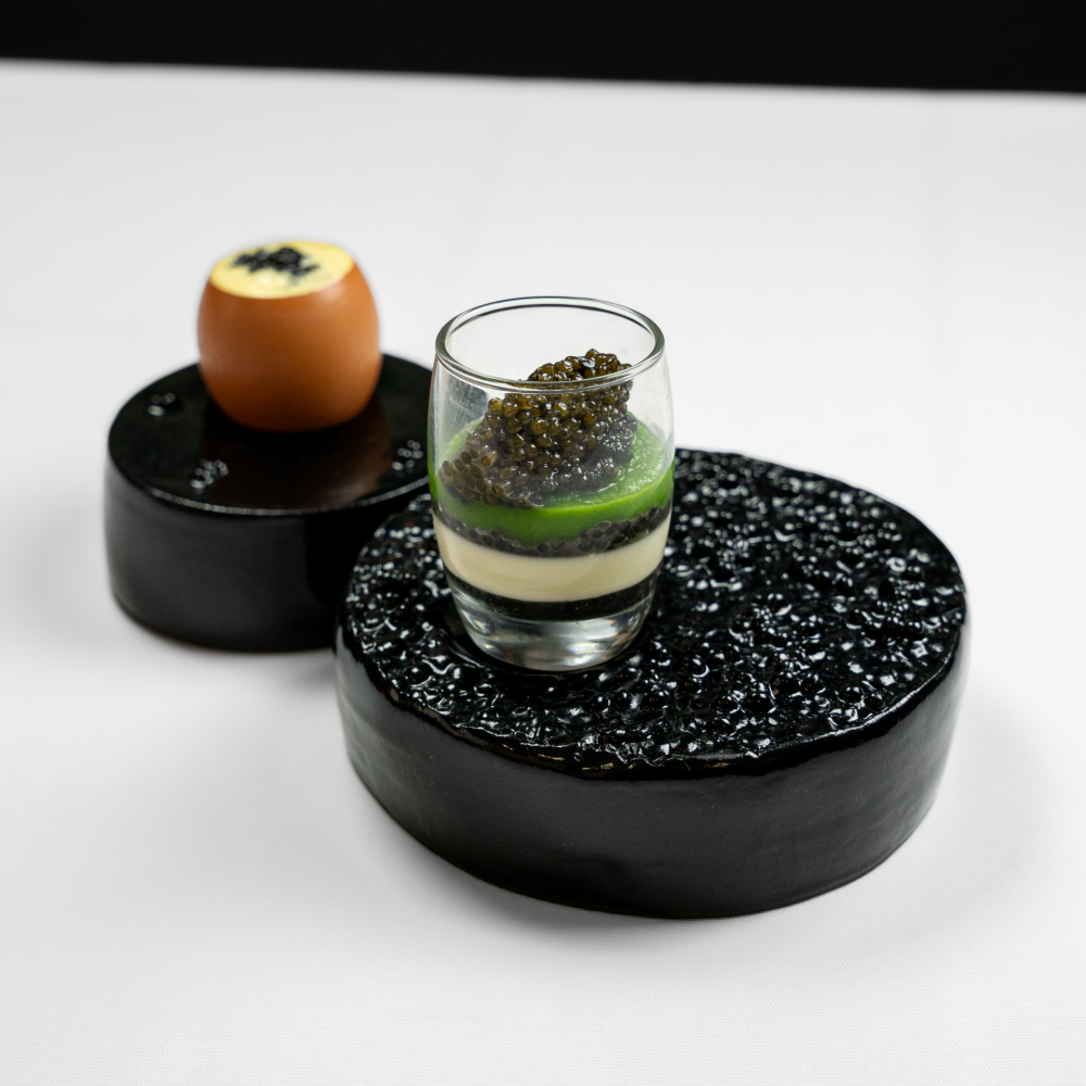 Colours of caviar, smoked sabayon