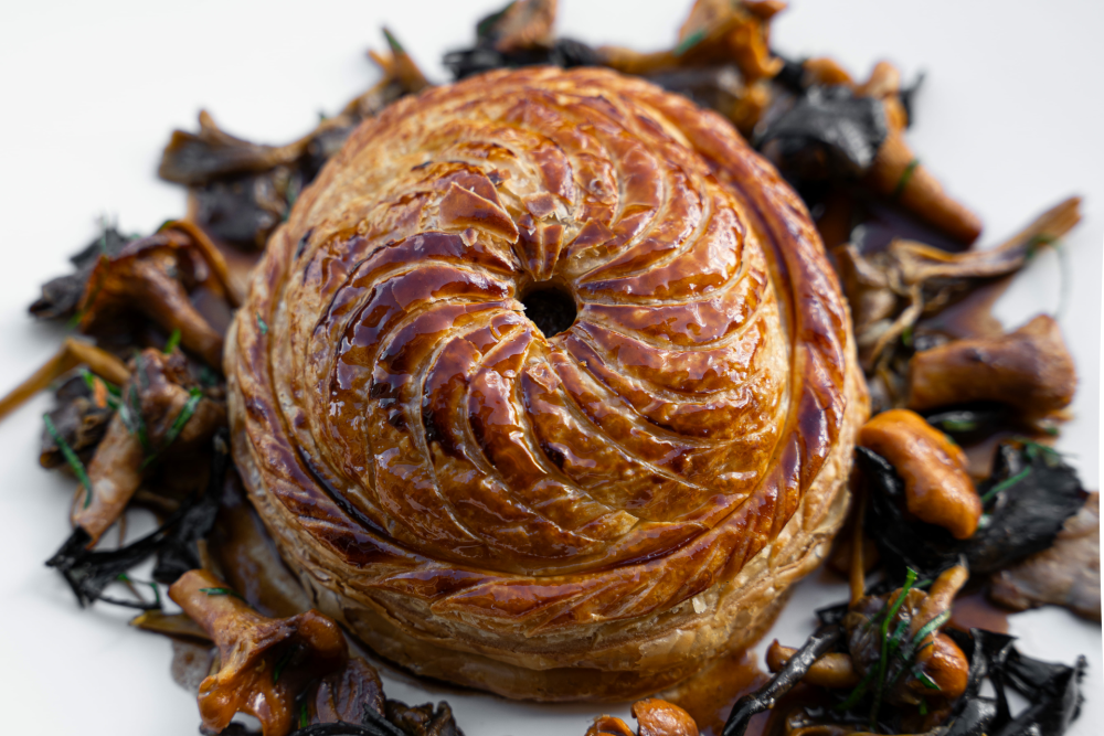 Mallard duck, foie gras and mushrooms in an autumnal torte